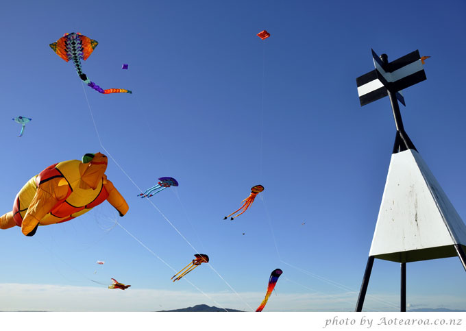 Kites at Bastion Point. Top of Rangitoto Island can be seen too. Stunning backdrop.